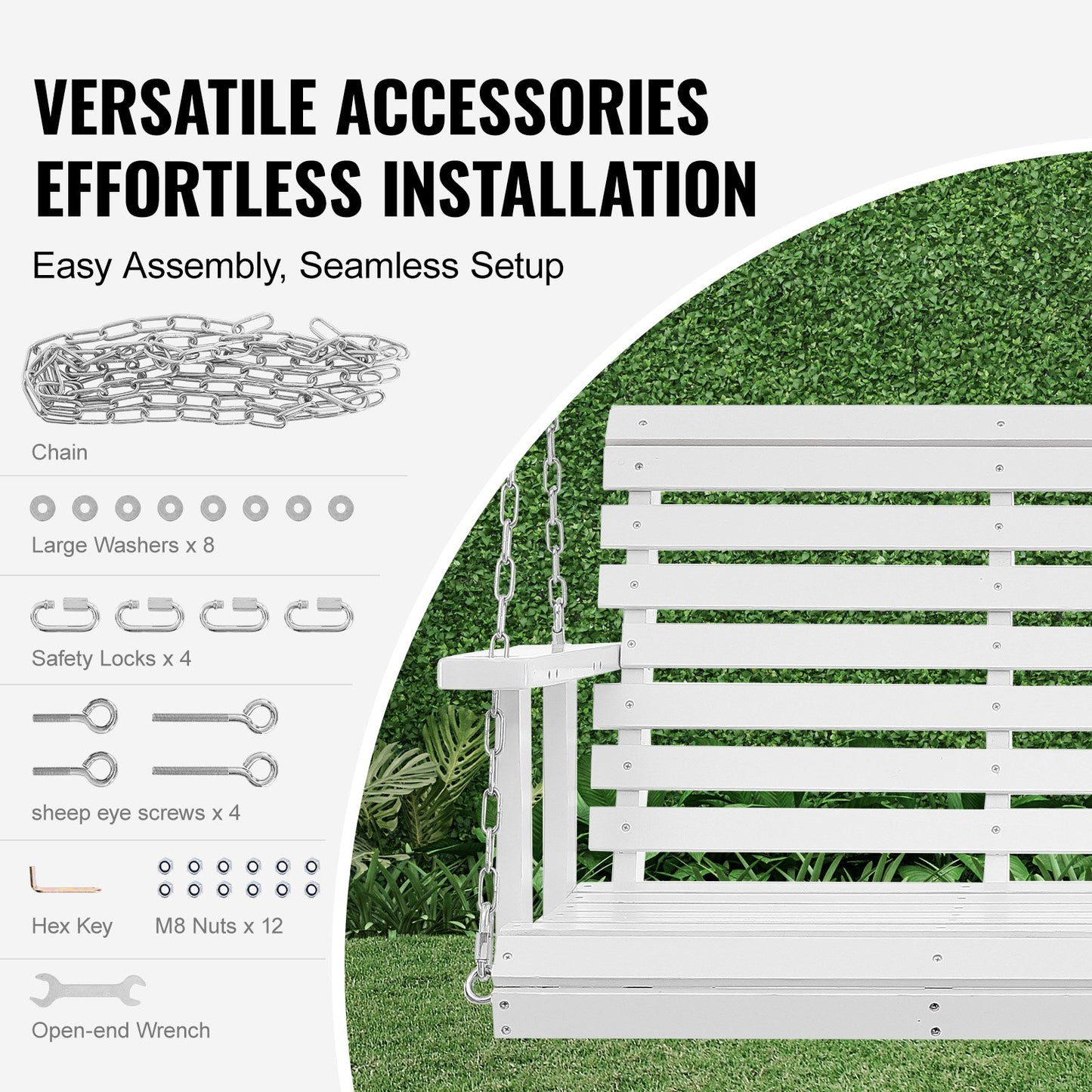 Wooden Porch Swing 4.5 ft, Patio bench swing for Courtyard & Garden, Upgraded 880 lbs Strong Load Capacity, Heavy Duty Swing Chair Bench with Hanging Chains for Outdoors, White
