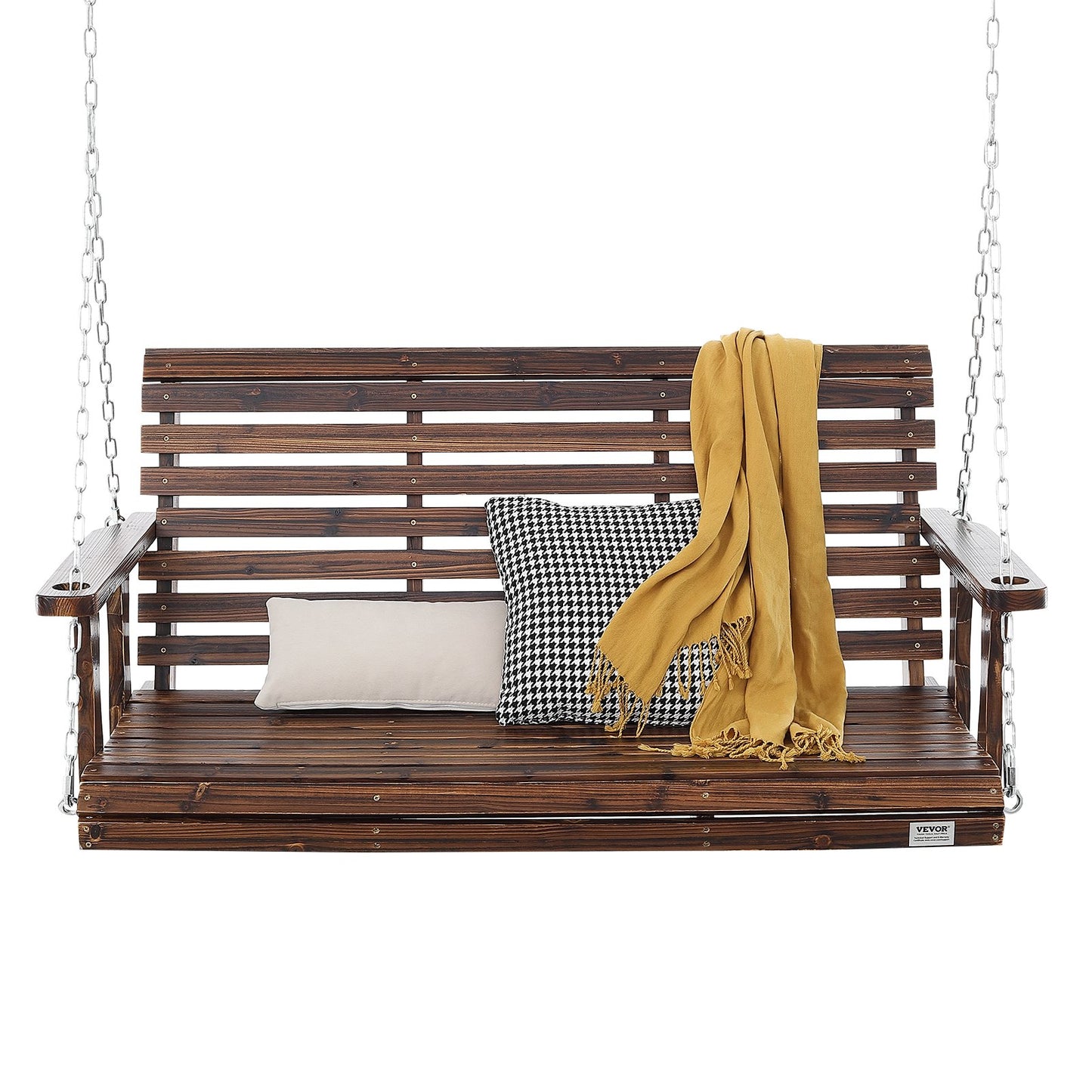 Holzschaukel für die Veranda, 1,47 m, Terrassenschaukel für Hof und Garten, verbesserte Tragkraft von 390 kg, robuste Schaukelstuhlbank mit Aufhängeketten für den Außenbereich, Anthrazitbraun