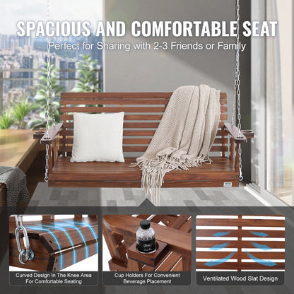 Holzschaukel für die Veranda, 1,77 m, Terrassenbankschaukel für Hof und Garten, verbesserte Tragkraft von 390 kg, robuste Schaukelstuhlbank mit Aufhängeketten für den Außenbereich, braun
