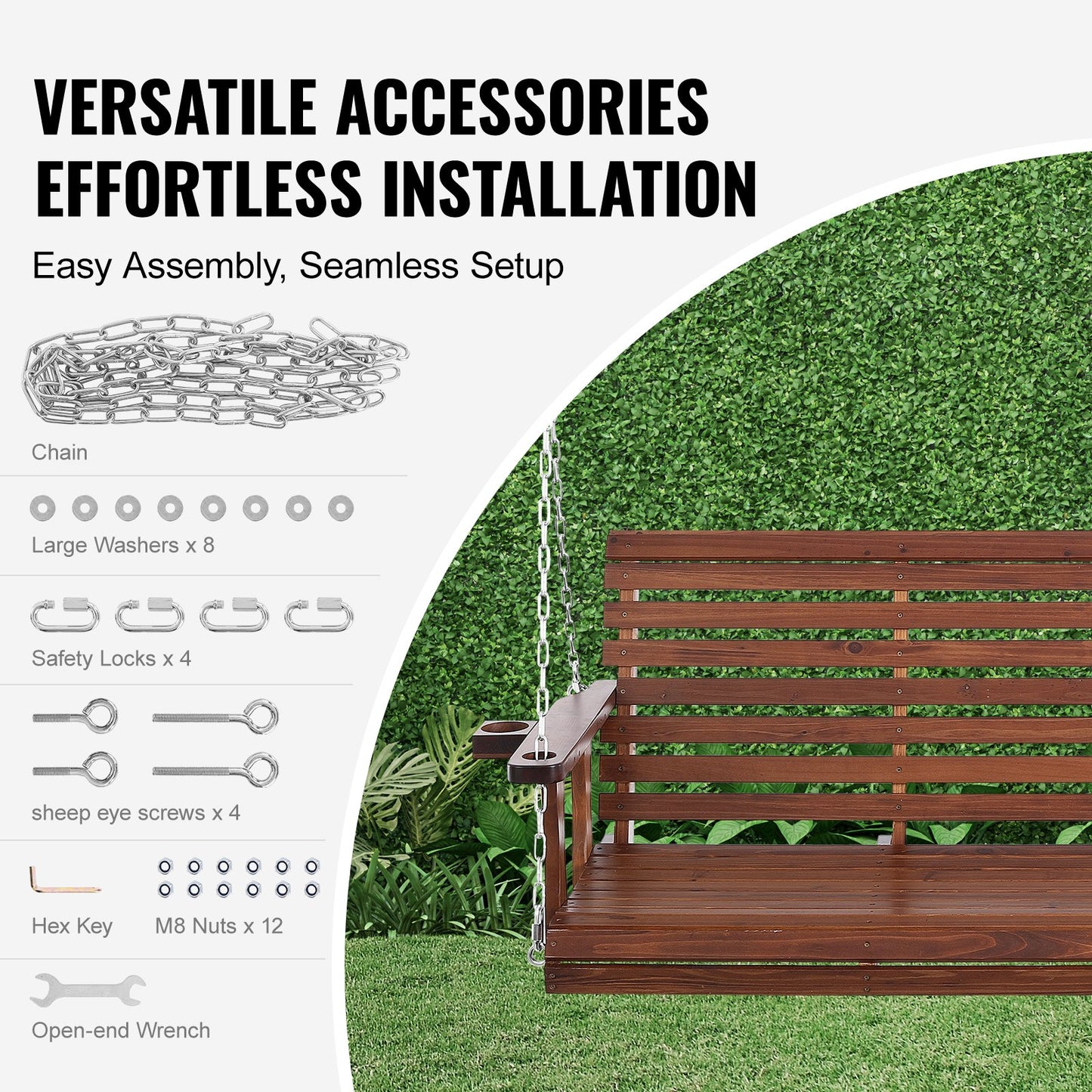 Wooden Porch Swing 5.5 ft, Patio bench swing for Courtyard & Garden, Upgraded 880 lbs Strong Load Capacity, Heavy Duty Swing Chair Bench with Hanging Chains for Outdoors, Brown