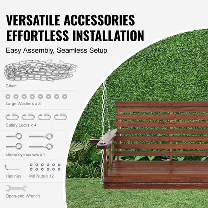 Wooden Porch Swing 5.5 ft, Patio bench swing for Courtyard & Garden, Upgraded 880 lbs Strong Load Capacity, Heavy Duty Swing Chair Bench with Hanging Chains for Outdoors, Brown