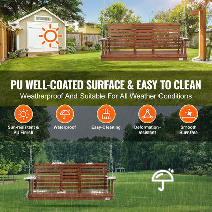 Wooden Porch Swing 5ft, Patio Swing for Yard and Garden, Upgraded 880lbs Strong Load Capacity, Heavy Duty Rocking Chair Bench with Hanging Chains for Outdoor Use, Brown