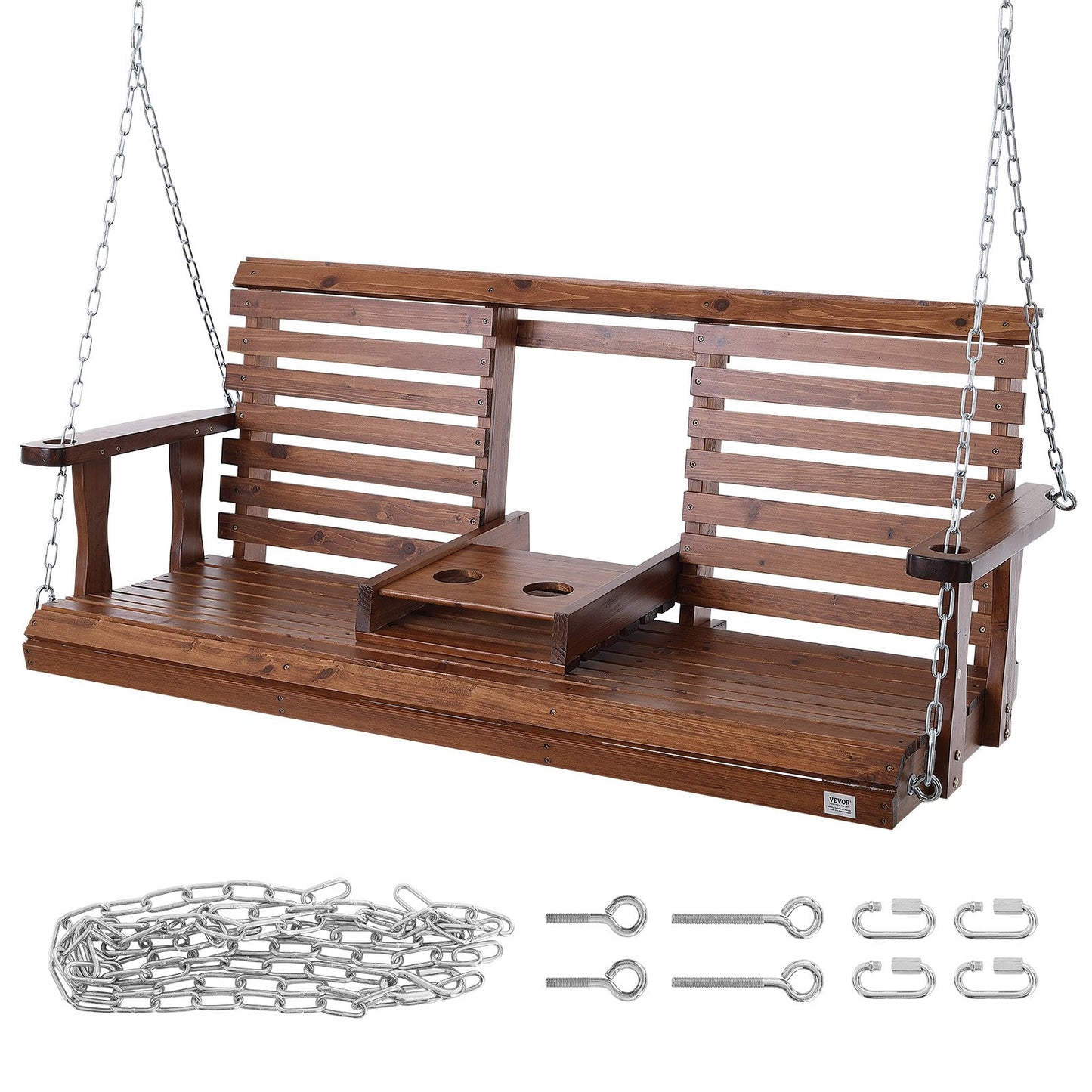 Wooden Porch Swing 5ft, Patio Swing for Yard and Garden, Upgraded 880lbs Strong Load Capacity, Heavy Duty Rocking Chair Bench with Hanging Chains for Outdoor Use, Brown