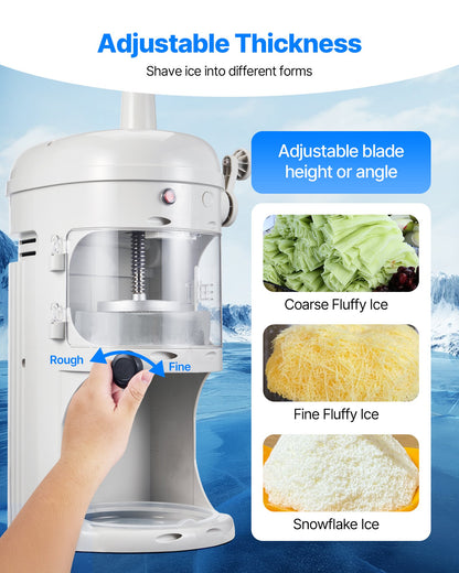 Commercial Ice Shaver Crusher, 220lbs/hr Electric Fluffy Ice & Snow Cone Machine, 250W 1500RPM Tabletop Fluffy Shaved-Ice Machine for Parties Events Snack Bar, Home and Commercial Use (White)