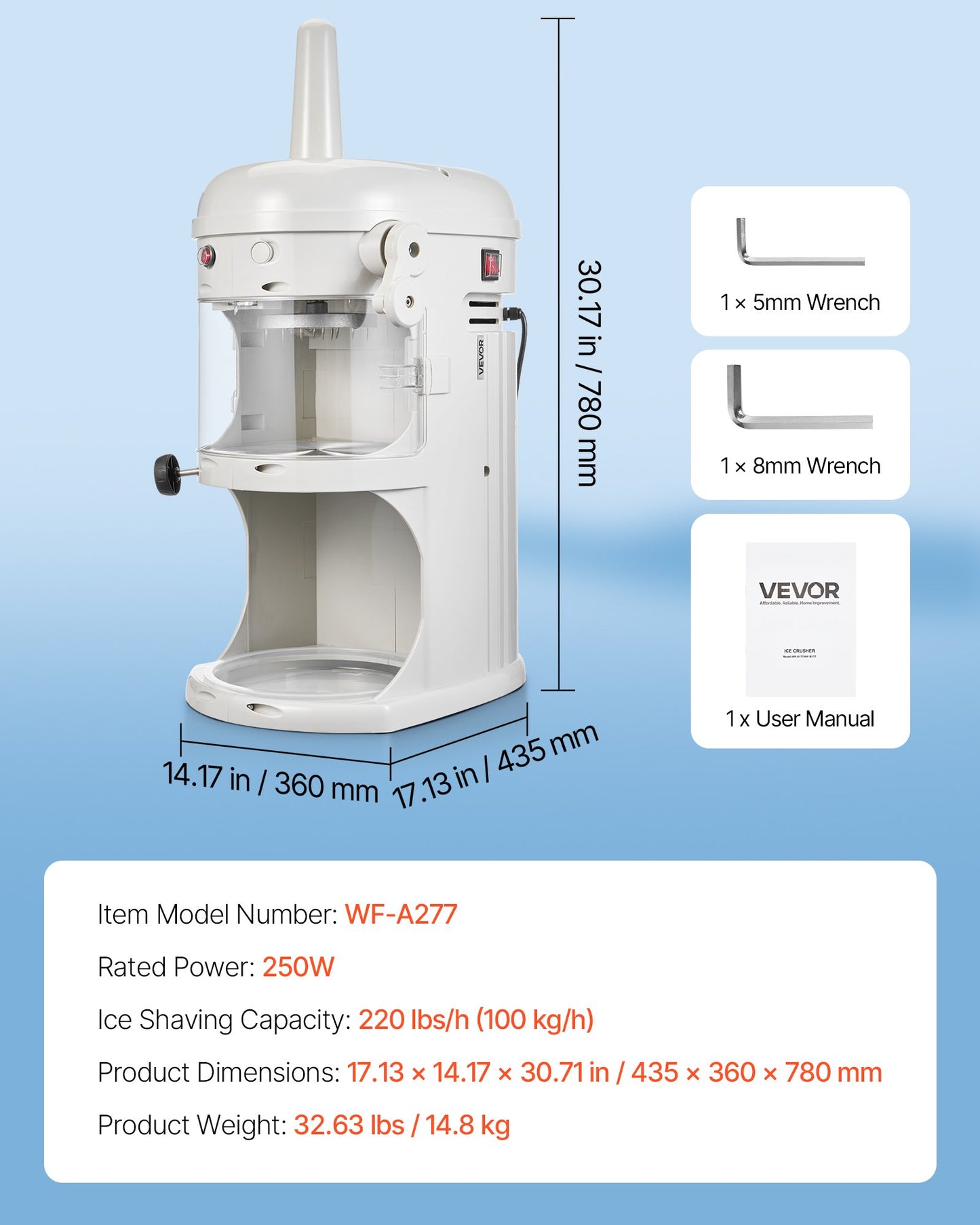 Commercial Ice Shaver Crusher, 220lbs/hr Electric Fluffy Ice & Snow Cone Machine, 250W 1500RPM Tabletop Fluffy Shaved-Ice Machine for Parties Events Snack Bar, Home and Commercial Use (White)
