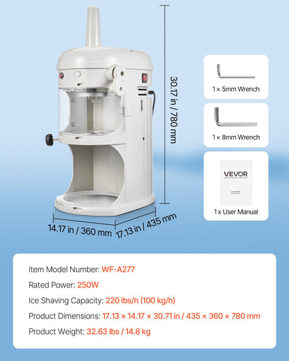 Commercial Ice Shaver Crusher, 220lbs/hr Electric Fluffy Ice & Snow Cone Machine, 250W 1500RPM Tabletop Fluffy Shaved-Ice Machine for Parties Events Snack Bar, Home and Commercial Use (White)