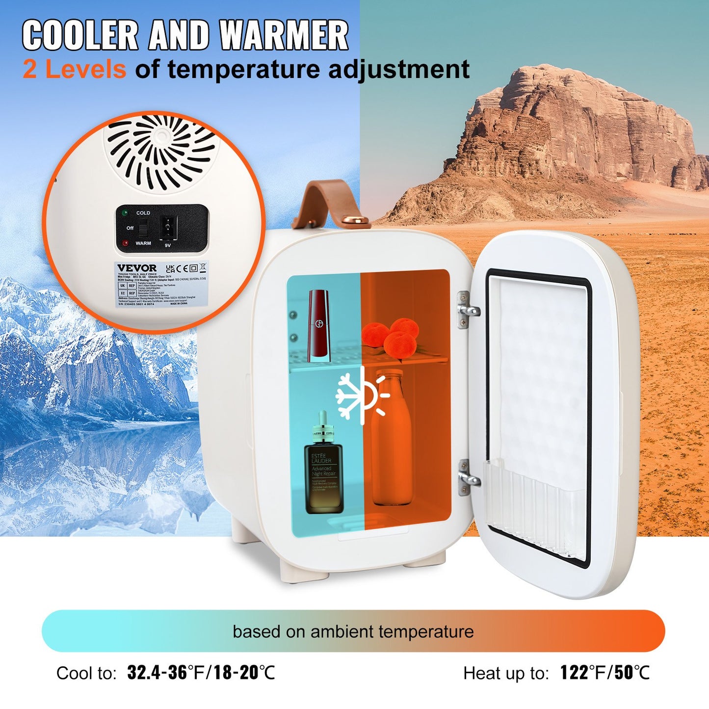 Mini Skin Care Fridge, 4 L/6 Can Cute Makeup Fridge for Cosmetics Beverage Fruit Milk, AC/DC Cooler & Warmer, Mute Tiny Refrigerator for Bedroom Office Dorm Desk Car, ETL Certified, White