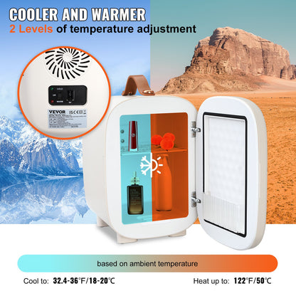 Mini Skin Care Fridge, 4 L/6 Can Cute Makeup Fridge for Cosmetics Beverage Fruit Milk, AC/DC Cooler & Warmer, Mute Tiny Refrigerator for Bedroom Office Dorm Desk Car, ETL Certified, White