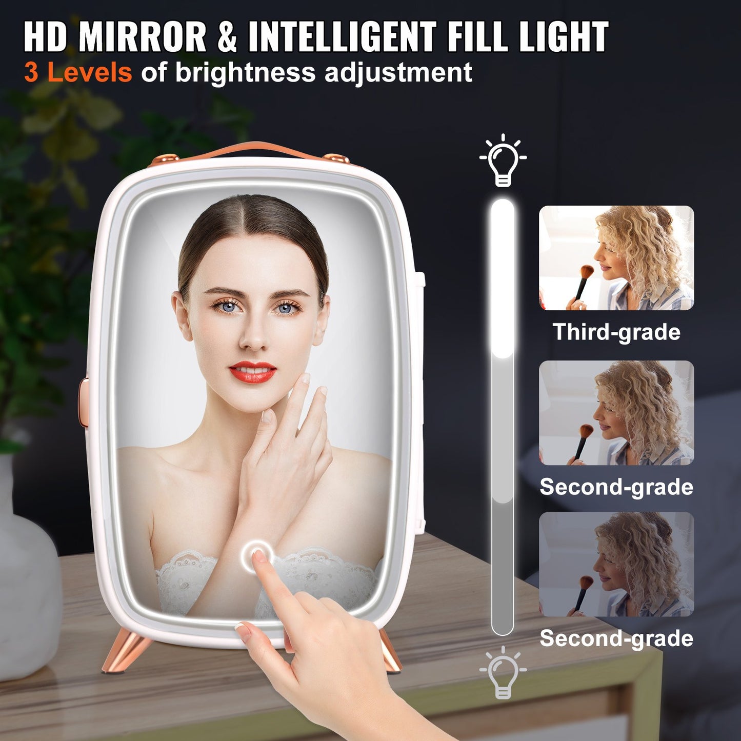 Mini Fridge for Bedroom, 6L Luxury Skin Care Fridges with Mirror and LED Light, AC/DC Cosmetic Fridge for Office Dorm Car, Small Makeup Refrigerator for Beauty Face Mask Beverage Chill, White