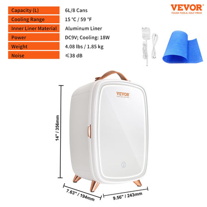 Mini Fridge for Bedroom, 6L Luxury Skin Care Fridges with Mirror and LED Light, AC/DC Cosmetic Fridge for Office Dorm Car, Small Makeup Refrigerator for Beauty Face Mask Beverage Chill, White