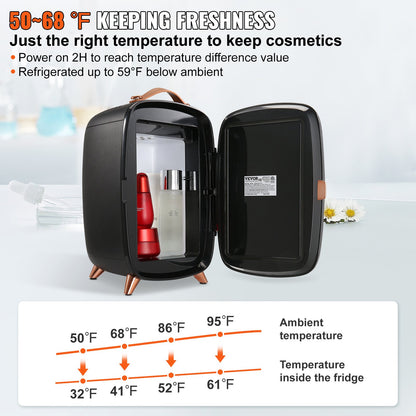 Mini-Kühlschrank, 6 l/8 Dosen, kompakter persönlicher Kühlschrank, tragbarer thermoelektrischer AC/DC-Kühl- und Wärmekühlschrank, Hautpflegekühlschrank für Getränke, Snacks, Zuhause, Büro und Auto, CE-gekennzeichnet (schwarz)