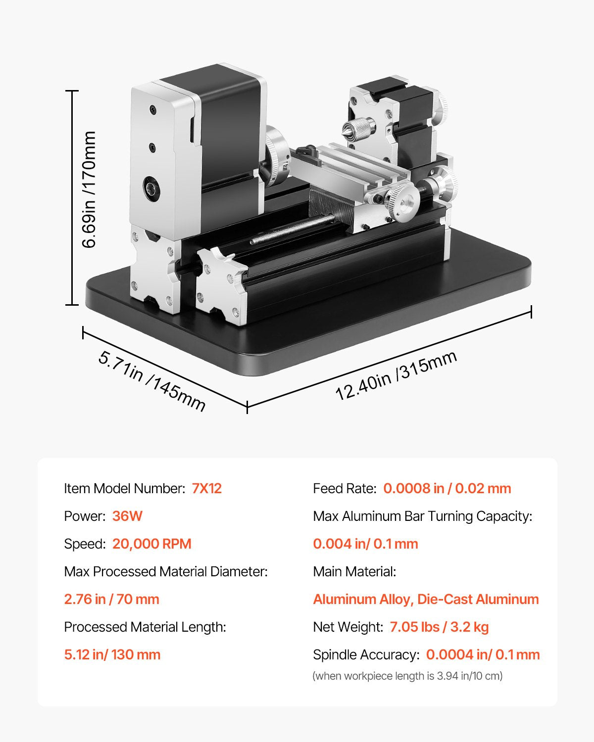 Didactical Mini Metal Lathe Machine, 2.76 x 5.12 in, 36W Power Metal Lathe, 20,000 RPM Speed, with 3-jaw Chuck, Aluminum Alloy Handwheel, for Processing Precision Parts Soft Metals Wood Plastics