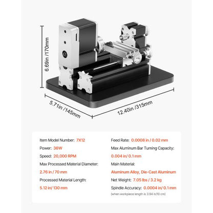Mini-Metalldrehmaschine 2,76 x 5,12 Zoll Power-Metalldrehmaschine 20.000 U/min 36 W | EU