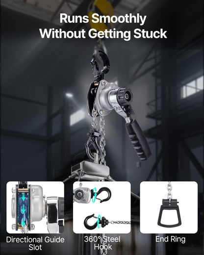 Manual Lever Chain Hoist, 1/2T 1100LBS Capacity Heavy Duty Come Along, 20FT Lift G80 Alloy Steel Chain With Dual Pawl Mechanical Brake,360°Rotating Hooks, for Warehouse Construction Garage