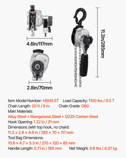 Manual Lever Chain Hoist, 1/2T 1100LBS Capacity Heavy Duty Come Along, 20FT Lift G80 Alloy Steel Chain With Dual Pawl Mechanical Brake,360°Rotating Hooks, for Warehouse Construction Garage