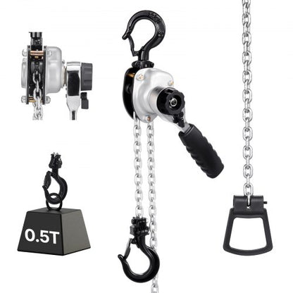Manual Lever Chain Hoist, 1/2T 1100LBS Capacity Heavy Duty Come Along, 5FT Lift G80 Alloy Steel Chain With Dual Pawl Mechanical Brake,360°Rotating Hooks, for Warehouse Construction Garage