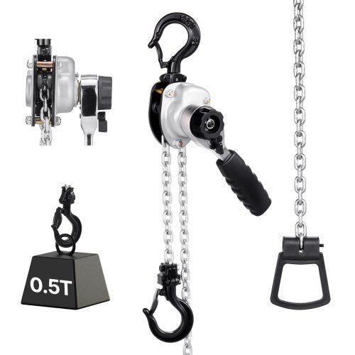 Manual Lever Chain Hoist, 1/2T 1100LBS Capacity Heavy Duty Come Along, 5FT Lift G80 Alloy Steel Chain With Dual Pawl Mechanical Brake,360°Rotating Hooks, for Warehouse Construction Garage