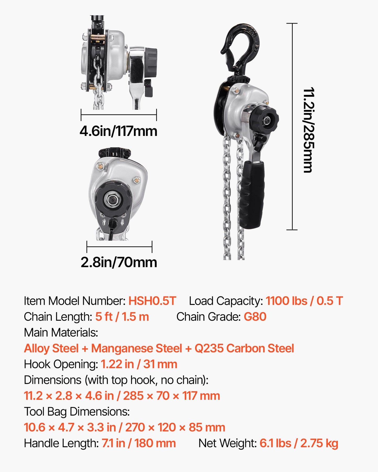 Manual Lever Chain Hoist, 1/2T 1100LBS Capacity Heavy Duty Come Along, 5FT Lift G80 Alloy Steel Chain With Dual Pawl Mechanical Brake,360°Rotating Hooks, for Warehouse Construction Garage