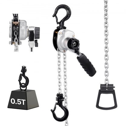 Manual Lever Chain Hoist, 1/2T 1100LBS Capacity Heavy Duty Come Along, 10FT Lift G80 Alloy Steel Chain With Dual Pawl Mechanical Brake,360°Rotating Hooks, for Warehouse Construction Garage