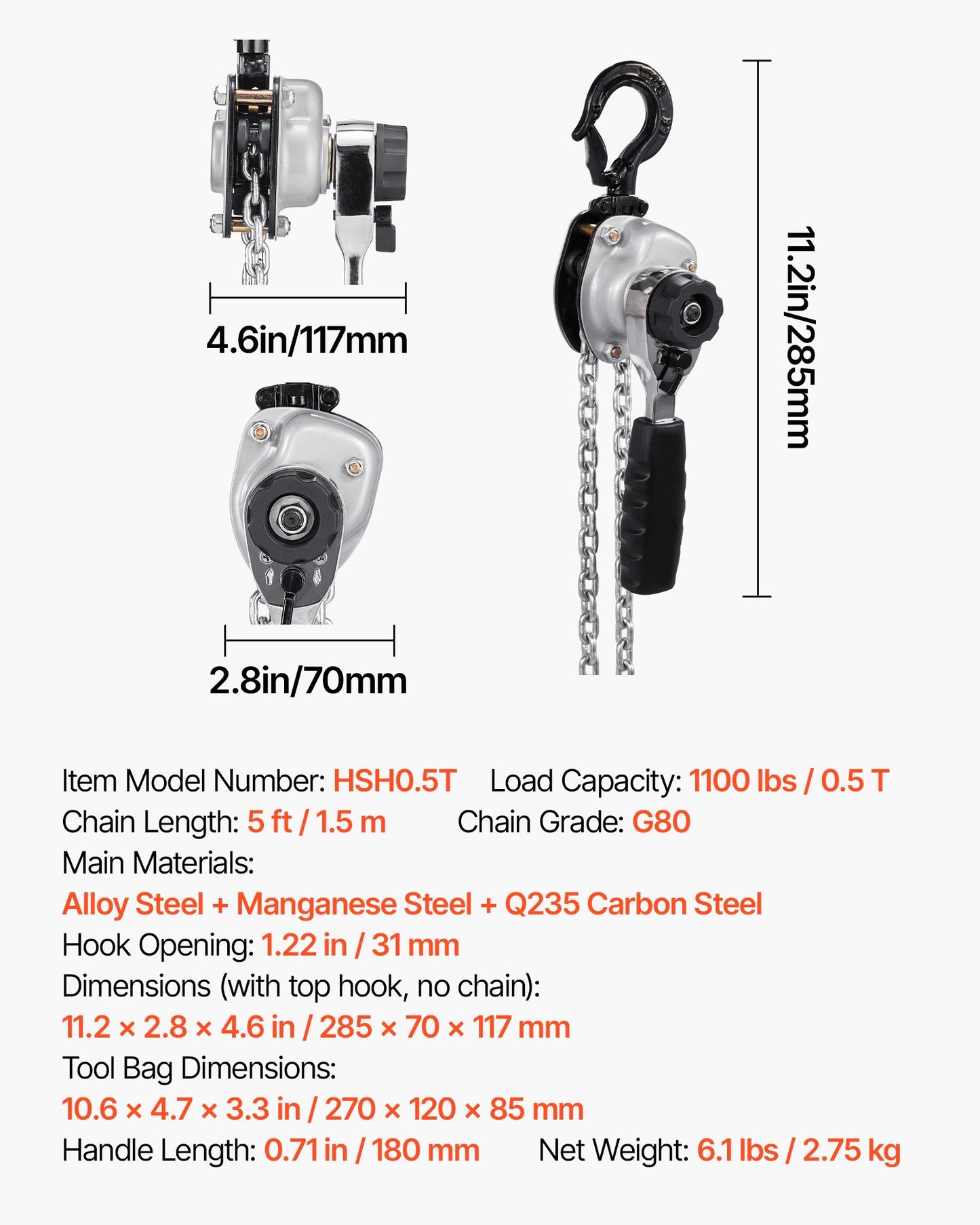 Manual Lever Chain Hoist, 1/2T 1100LBS Capacity Heavy Duty Come Along, 10FT Lift G80 Alloy Steel Chain With Dual Pawl Mechanical Brake,360°Rotating Hooks, for Warehouse Construction Garage
