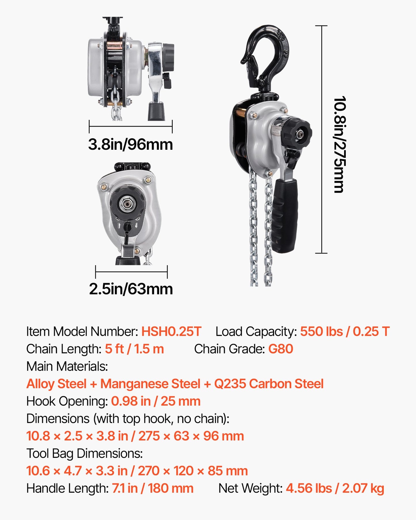 Manual Lever Chain Hoist, 1/4T 550LBS Capacity Heavy Duty Come Along, 5FT Lift G80 Alloy Steel Chain With Dual Pawl Mechanical Brake,360°Rotating Hooks, for Warehouse Construction Garage