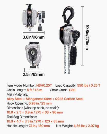 Manual Lever Chain Hoist, 1/4T 550LBS Capacity Heavy Duty Come Along, 5FT Lift G80 Alloy Steel Chain With Dual Pawl Mechanical Brake,360°Rotating Hooks, for Warehouse Construction Garage