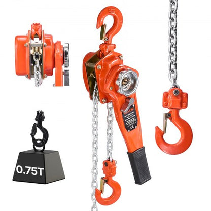 Manual Lever Chain Hoist, 3/4T 1650LBS Capacity Heavy Duty Come Along, 5FT Lift G80 Alloy Steel Chain With Dual Pawl Mechanical Brake,360°Rotating Hooks, for Warehouse Construction Garage