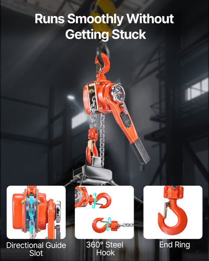 Manual Lever Chain Hoist, 3/4T 1650LBS Capacity Heavy Duty Come Along, 5FT Lift G80 Alloy Steel Chain With Dual Pawl Mechanical Brake,360°Rotating Hooks, for Warehouse Construction Garage