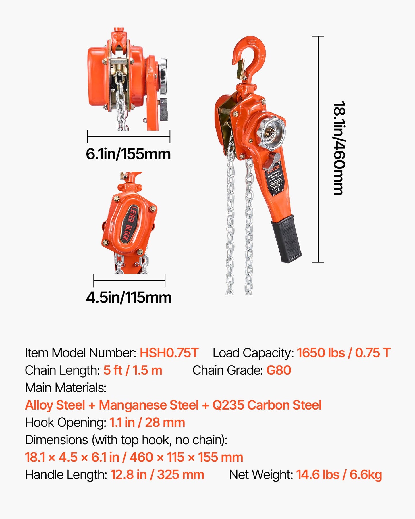 Manual Lever Chain Hoist, 3/4T 1650LBS Capacity Heavy Duty Come Along, 5FT Lift G80 Alloy Steel Chain With Dual Pawl Mechanical Brake,360°Rotating Hooks, for Warehouse Construction Garage