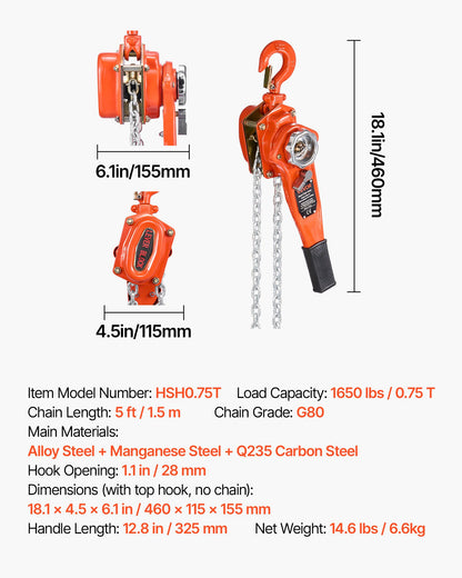 Manual Lever Chain Hoist, 3/4T 1650LBS Capacity Heavy Duty Come Along, 5FT Lift G80 Alloy Steel Chain With Dual Pawl Mechanical Brake,360°Rotating Hooks, for Warehouse Construction Garage