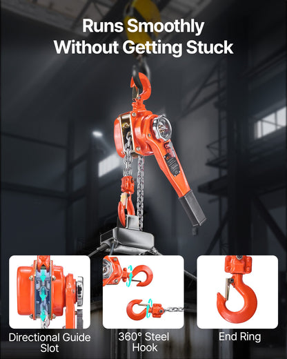 Manual Lever Chain Hoist, 3/4T 1650LBS Capacity Heavy Duty Come Along, 20FT Lift G80 Alloy Steel Chain With Dual Pawl Mechanical Brake,360°Rotating Hooks, for Warehouse Construction Garage