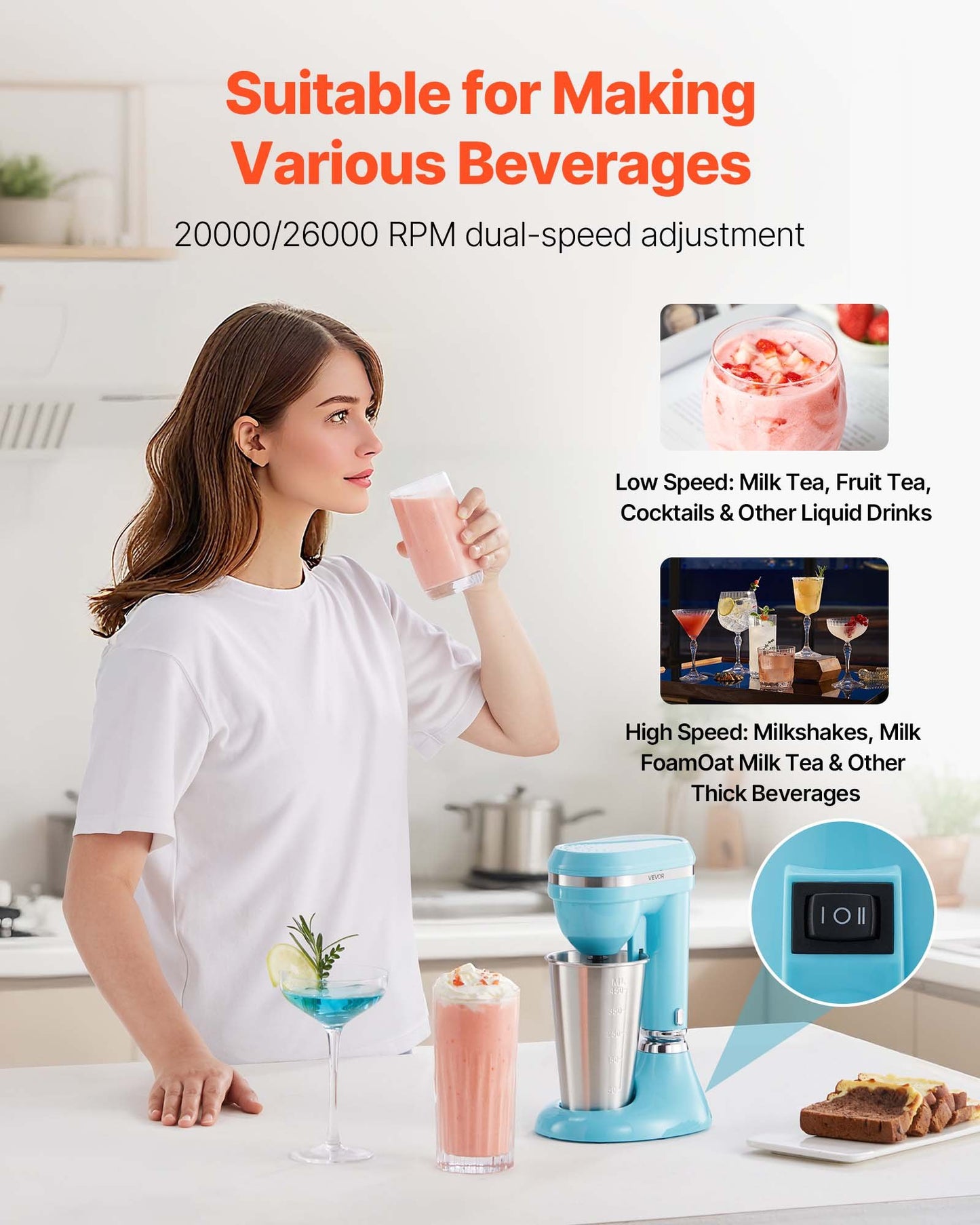 Milkshake Maker, 100W Milk Shake Maker Mixer, Single Head Drink Mixer Blender Machine, Dual-Speed Adjustment Milkshake Blender with Stainless Steel Cup, for Home, Kitchen, Bar & Beverage Shop