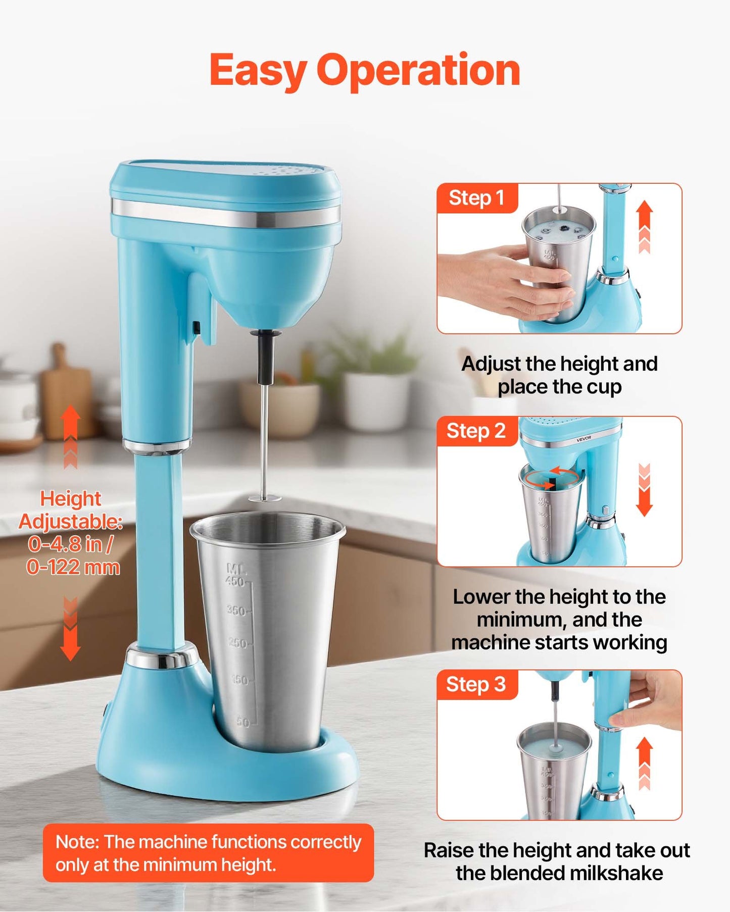 Milkshake Maker, 100W Milk Shake Maker Mixer, Single Head Drink Mixer Blender Machine, Dual-Speed Adjustment Milkshake Blender with Stainless Steel Cup, for Home, Kitchen, Bar & Beverage Shop