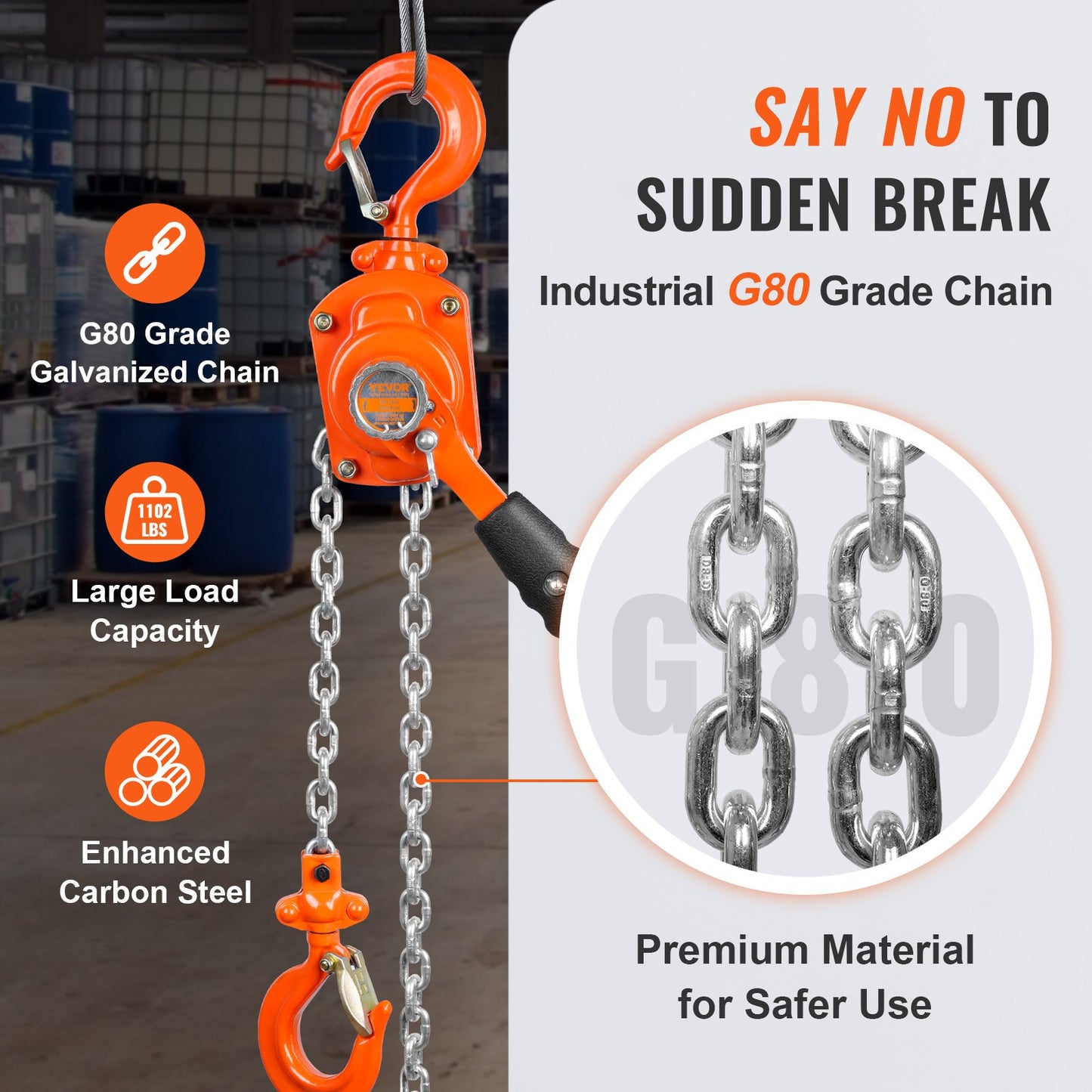 Manual Lever Chain Hoist, 1/2 Ton 1100 lbs Capacity 5 FT Come Along, G80 Galvanized Carbon Steel with Weston Double-Pawl Brake, Auto Chain Leading & 360° Rotation Hook, for Garage Factory Dock