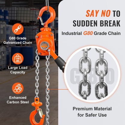 Manual Lever Chain Hoist, 1/2 Ton 1100 lbs Capacity 5 FT Come Along, G80 Galvanized Carbon Steel with Weston Double-Pawl Brake, Auto Chain Leading & 360° Rotation Hook, for Garage Factory Dock
