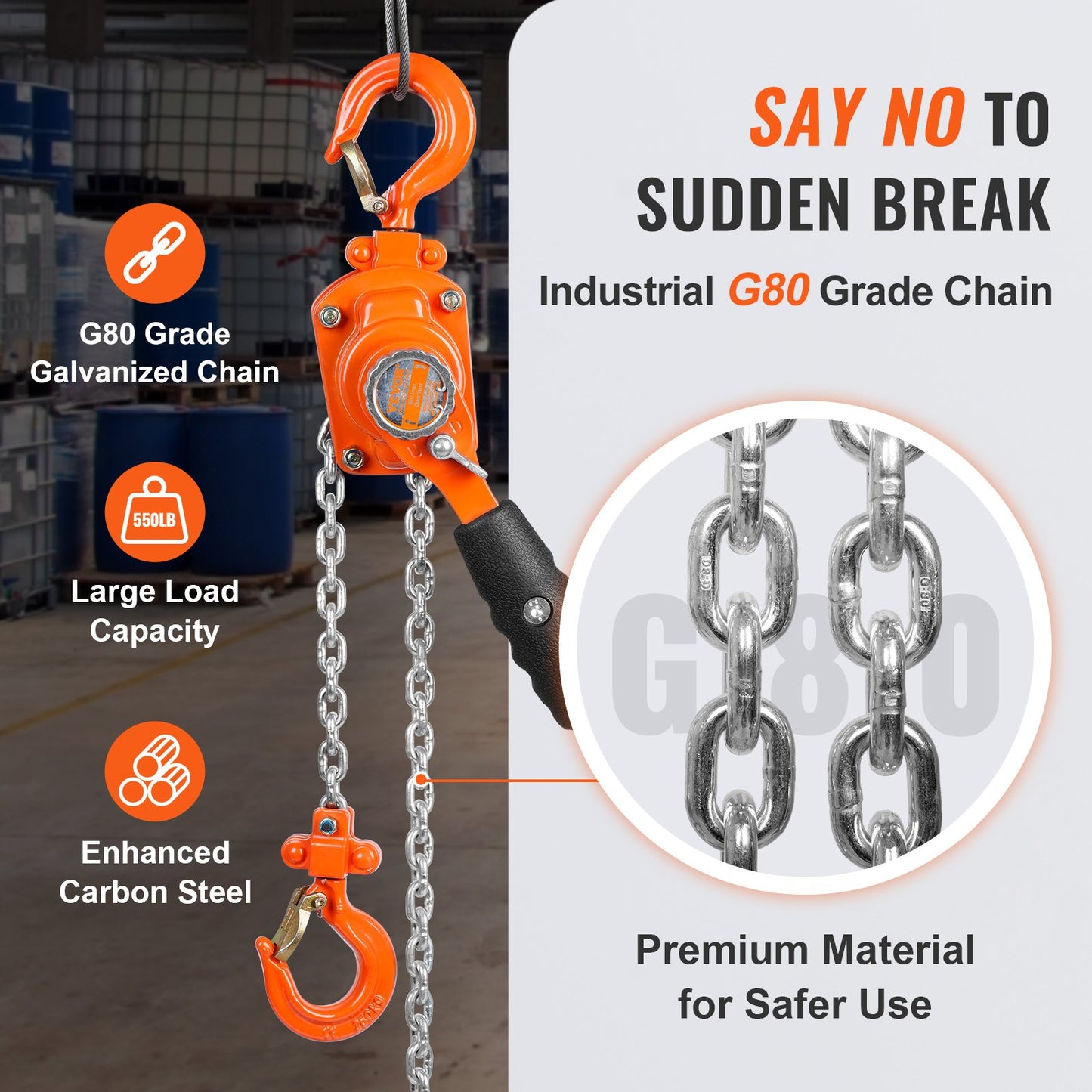 Manual Lever Chain Hoist, 1/4 Ton 550 lbs Capacity 5 FT Come Along, G80 Galvanized Carbon Steel with Weston Double-Pawl Brake, Auto Chain Leading & 360° Rotation Hook, for Garage Factory Dock