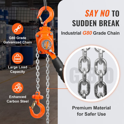 Manual Lever Chain Hoist, 1/4 Ton 550 lbs Capacity 5 FT Come Along, G80 Galvanized Carbon Steel with Weston Double-Pawl Brake, Auto Chain Leading & 360° Rotation Hook, for Garage Factory Dock