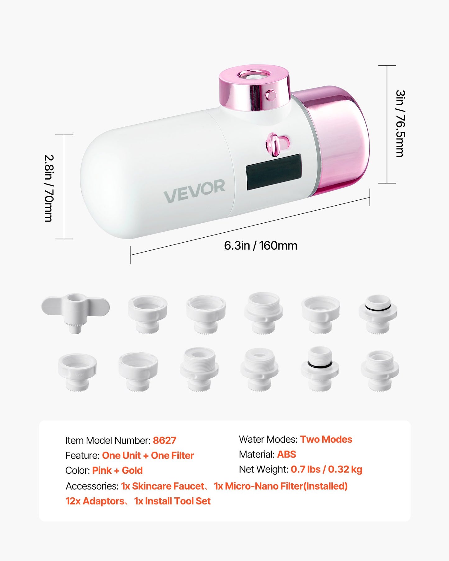 Skincare Water Filter, Faucet Mount Water Filters with Micro-nano Bubble for Skin, Sink Tap Purifier, Removes Chlorine with 1 Filter, for Kitchen and Bathroom Faucets, Pink + Gold