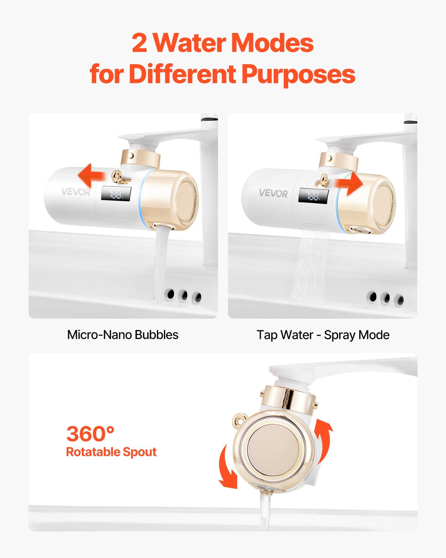 Skincare Water Filter, Faucet Mount Water Filters with Micro-nano Bubble for Skin, Sink Tap Purifier, Removes Chlorine with 1 Filter, for Kitchen and Bathroom Faucets, White + Gold