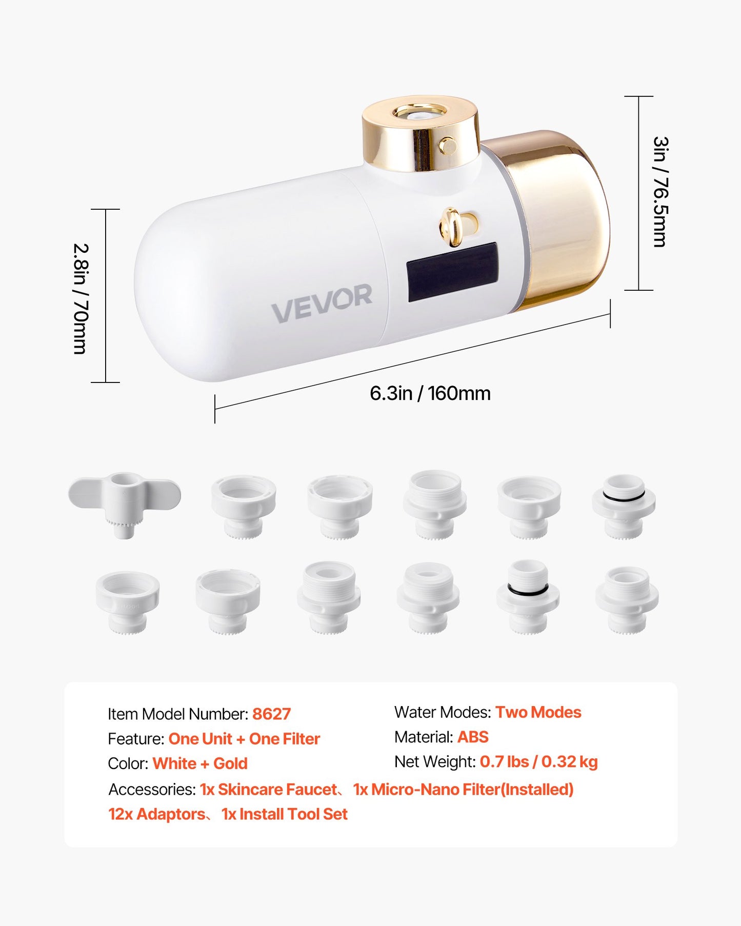 Skincare Water Filter, Faucet Mount Water Filters with Micro-nano Bubble for Skin, Sink Tap Purifier, Removes Chlorine with 1 Filter, for Kitchen and Bathroom Faucets, White + Gold