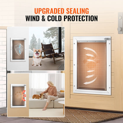 Pet Door, 13.27" x 20.04" Aluminum Frame with Lock and Flap System, Weatherproof Doggy Door, Easy to Install in Interior or Exterior Doors, Pet Door Suitable for Cat Doggie Kitties (White-L)