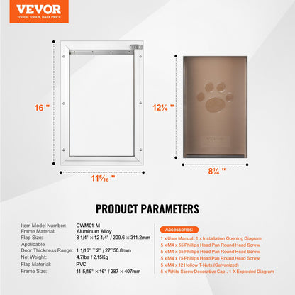 Pet Door, 11.3" x 16.02" Aluminum Frame with Lock and Flap System, Weatherproof Doggy Door, Easy to Install in Interior or Exterior Doors, Pet Door Suitable for Cat Doggie Kitties (White-M)