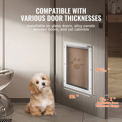 Pet Door, 8.27" x 11.93" Aluminum Frame with Lock and Flap System, Weatherproof Doggy Door, Easy to Install in Interior or Exterior Doors, Pet Door Suitable for Cat Doggie Kitties (White-Small)