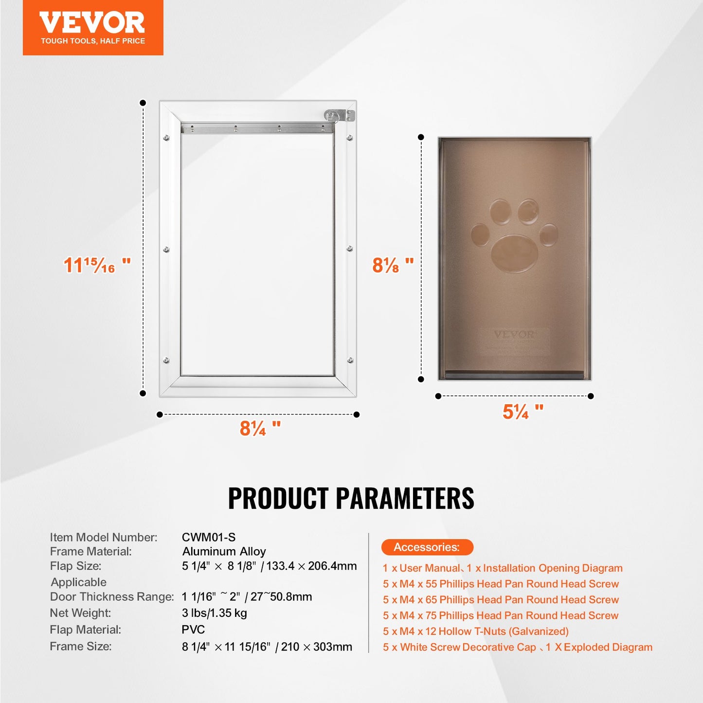 Pet Door, 8.27" x 11.93" Aluminum Frame with Lock and Flap System, Weatherproof Doggy Door, Easy to Install in Interior or Exterior Doors, Pet Door Suitable for Cat Doggie Kitties (White-Small)