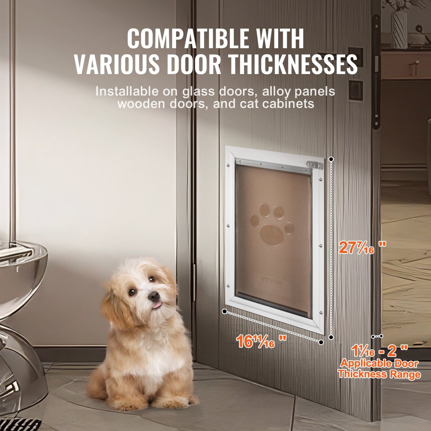 Pet Door, 16.65" x 27.44" Aluminum Frame with Lock and Flap System, Weatherproof Doggy Door, Easy to Install in Interior or Exterior Doors, Pet Door Suitable for Cat Doggie Kitties (White-XL)