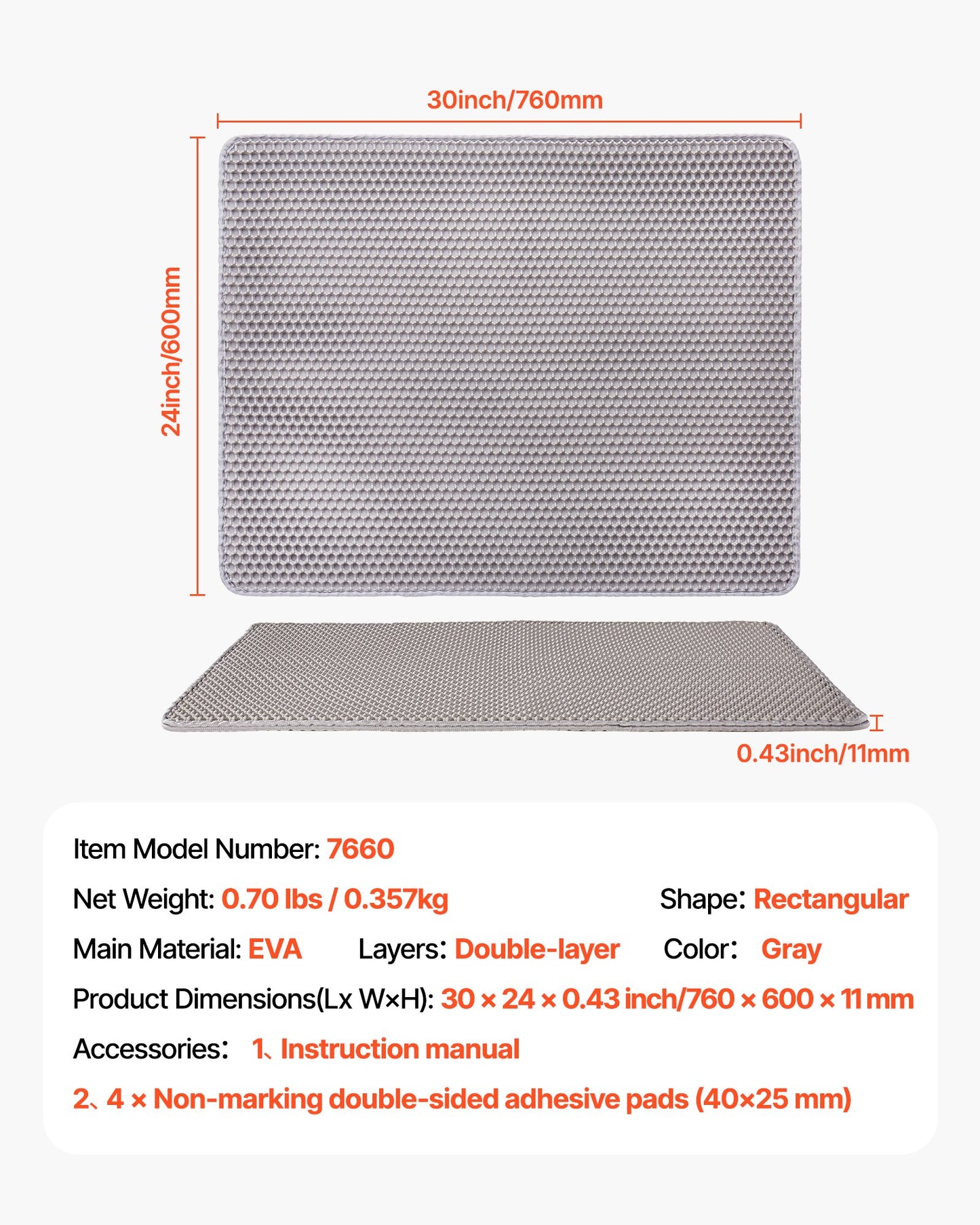 Cat Litter Mat, 30 x 24 in, Double-Layer Litter Box Mat, Non-Slip & Urine-Proof Litter-Trapping Mats for Indoor Cats, Honeycomb Design, Soft on Paws, Washable Large Kitty Mats for Floor