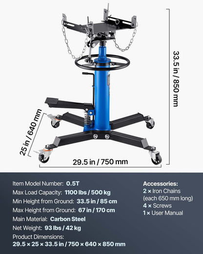 Transmission Jack, 33"-67" High Lift, 1100 lbs Hydraulic Telescoping Transmission Jack, 2-Stage Floor Jack Stand 1/2 Ton Capacity with Foot Pedal, 360° Swivel Wheel, Garage/Shop Lift Hoist