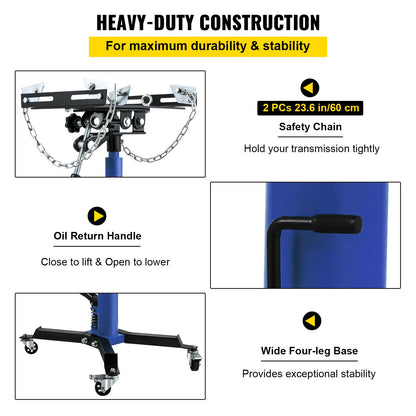 Getriebeheber, 0,5 Tonnen/1100 lbs Kapazität Hydraulischer Teleskop-Getriebeheber, 2-stufiger Bodenständer mit Fußpedal, 360° Schwenkrad, Garagen-/Ladenlift, Blau