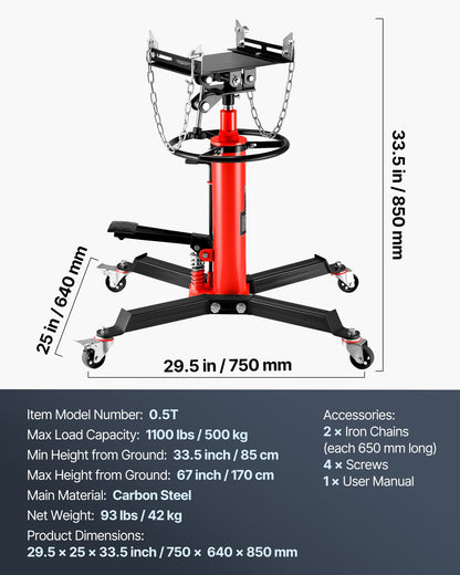 Transmission Jack,1/2Ton/1100lbs Capacity Hydraulic Telescopic Transmission Jack, 2-Stage Floor Jack Stand with Foot Pedal, 360° Swivel Wheel, Garage/Shop Lift Hoist, Red