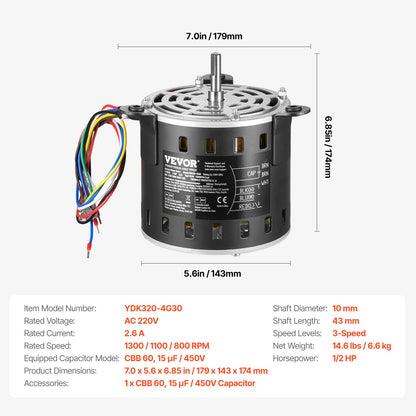 1/2 PS Ofenlüftermotor, 220 V, 2,6 A, 1300 U/min, 3 Geschwindigkeiten, 15 μF/450 V Kondensator